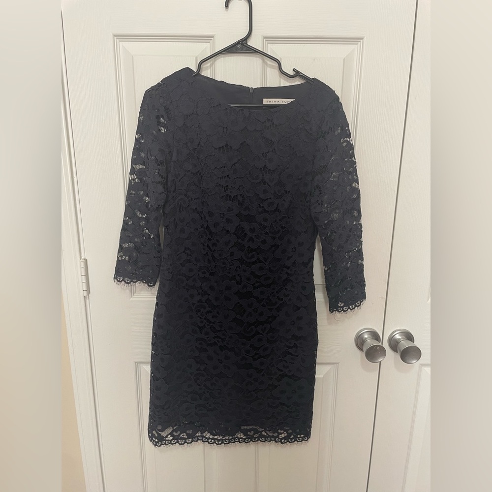 Trina Turk navy long sleeve lace dress